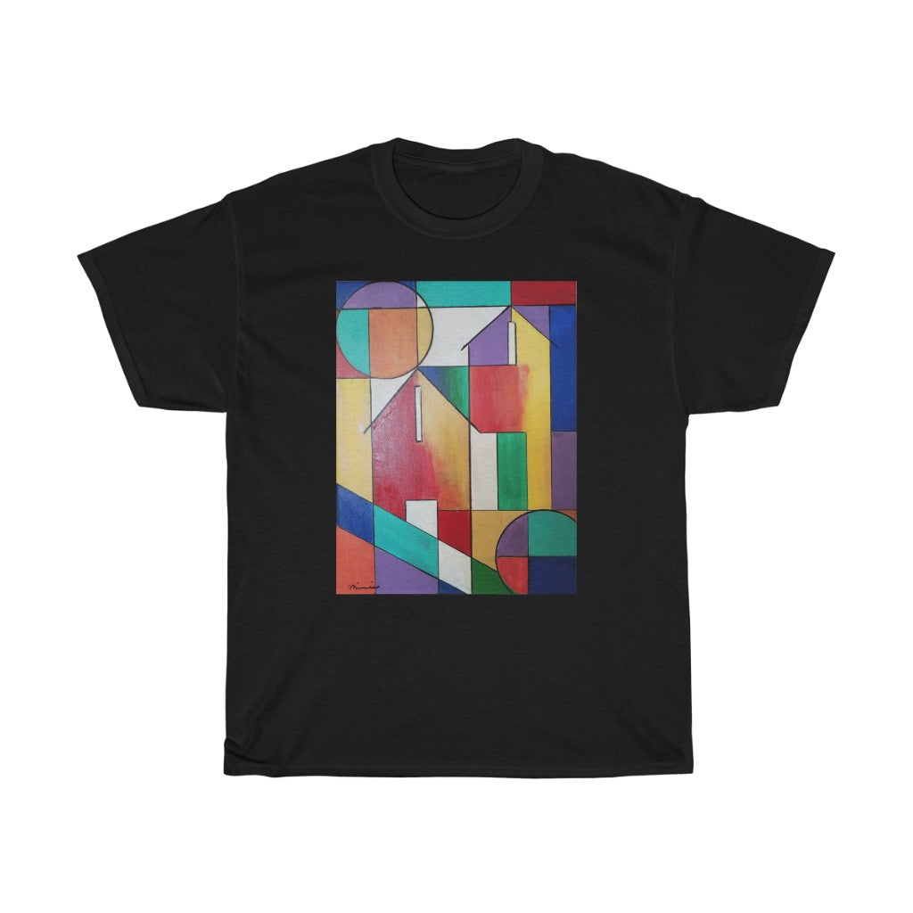 black tshirt,  abstract tshirt, colorful  abstract house
